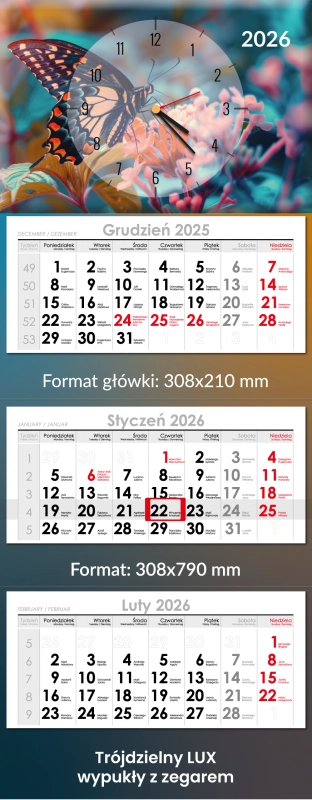Trójdzielny LUX wypukły z zegarem